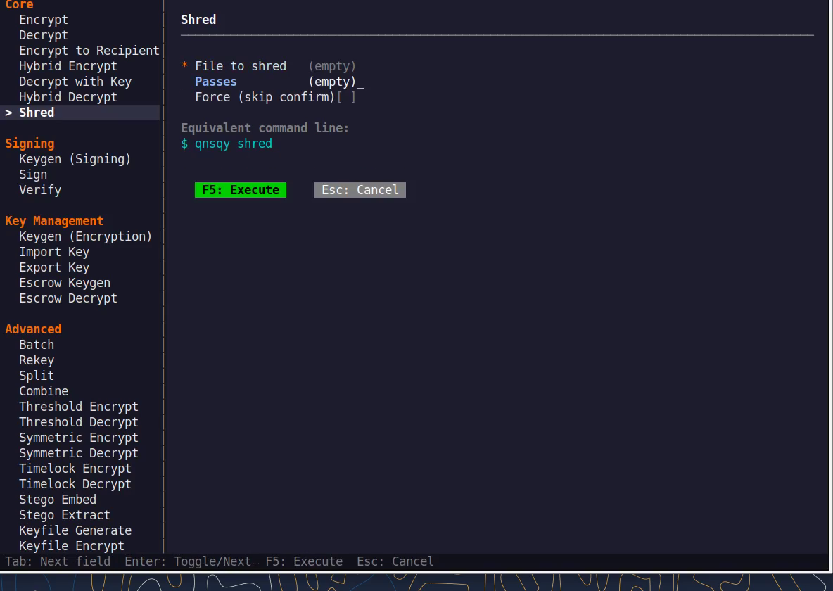 The Shred TUI configure form with fields and a live equivalent command line