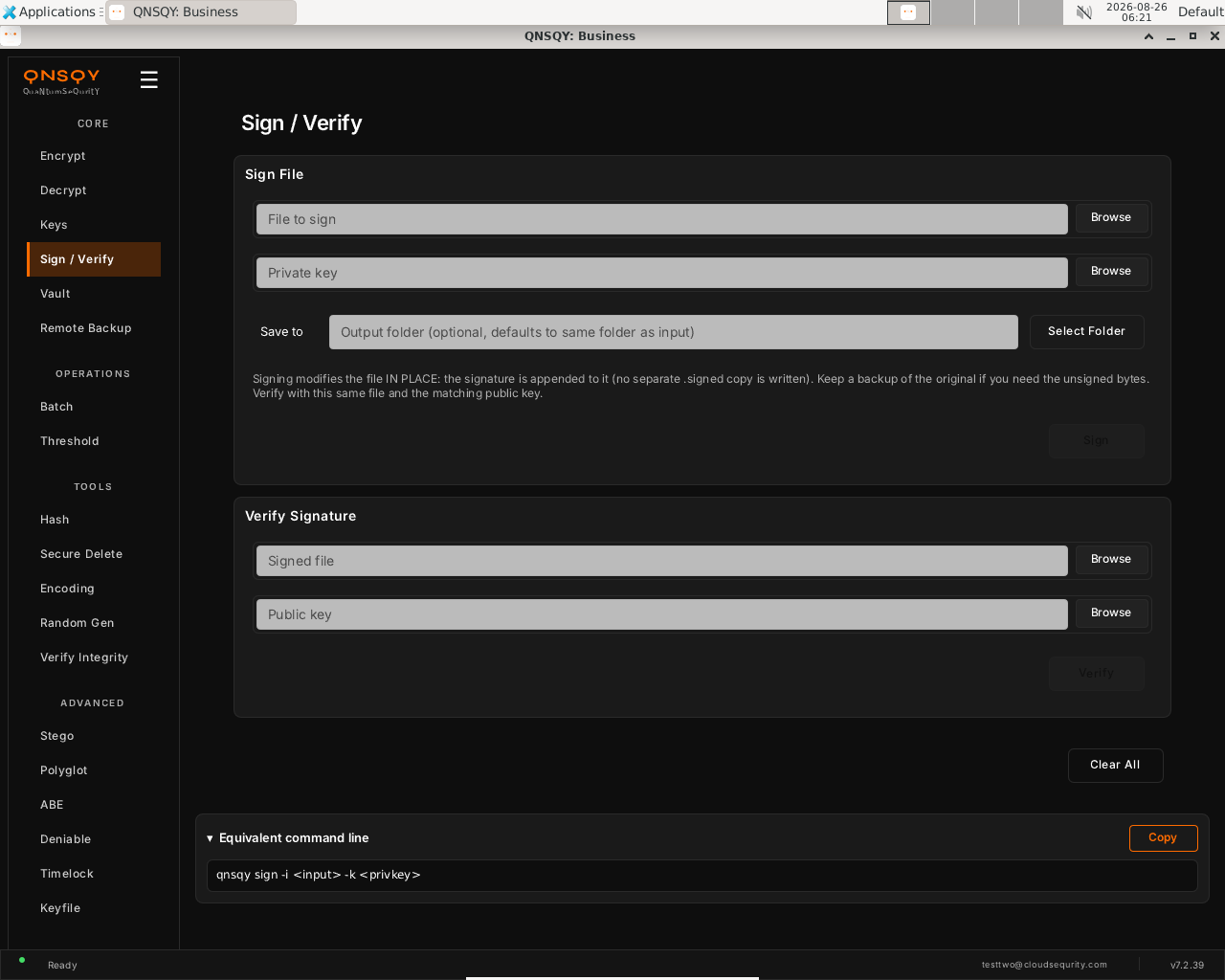 QNSQY Sign / Verify screen: a Sign File card with File to sign and Private key pickers and a note that signing modifies the file in place, and a Verify Signature card with Signed file and Public key pickers.