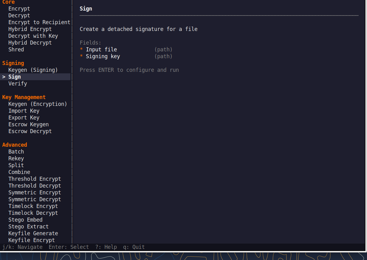 QNSQY TUI menu with Sign highlighted