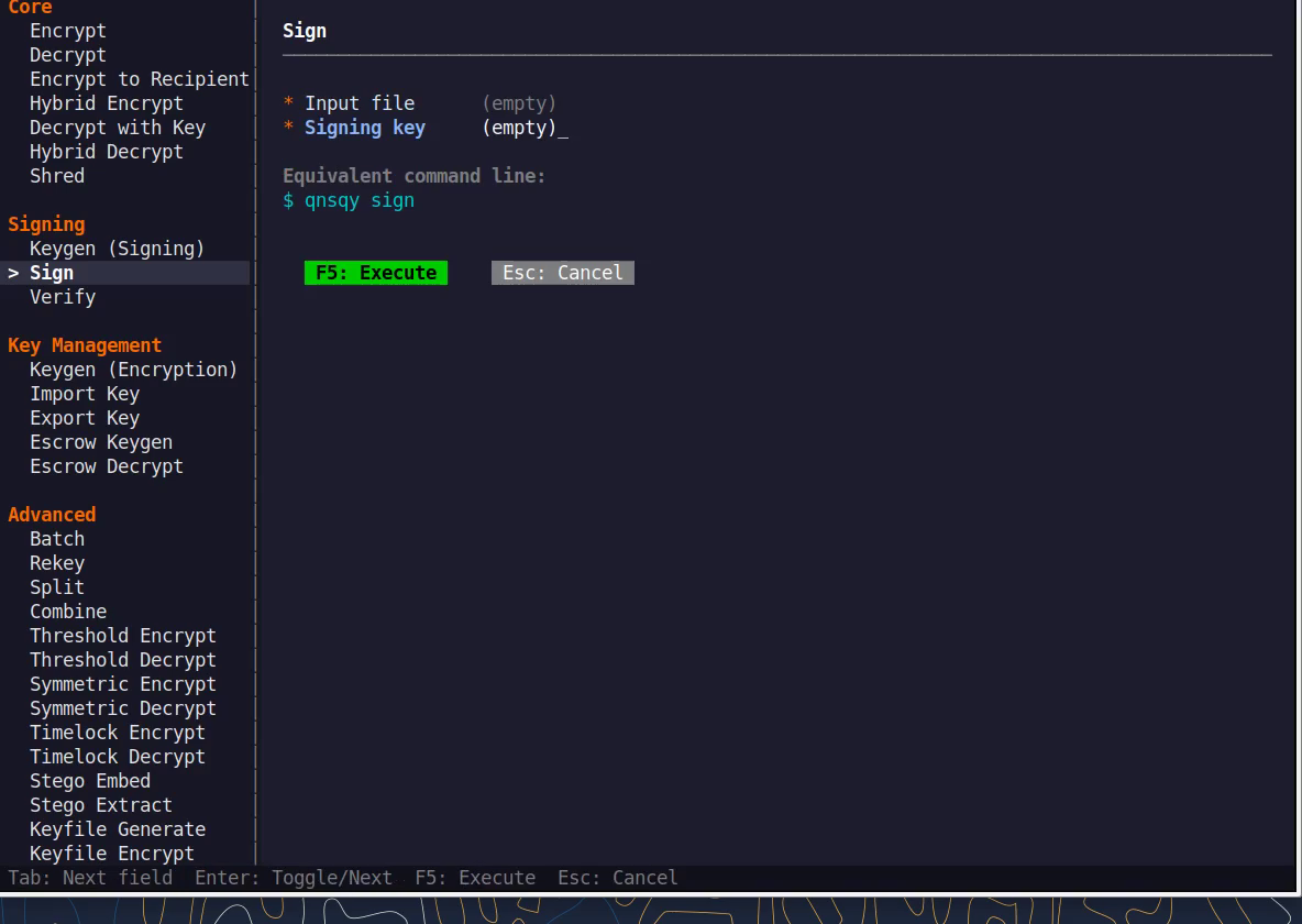 The Sign TUI configure form with fields and a live equivalent command line