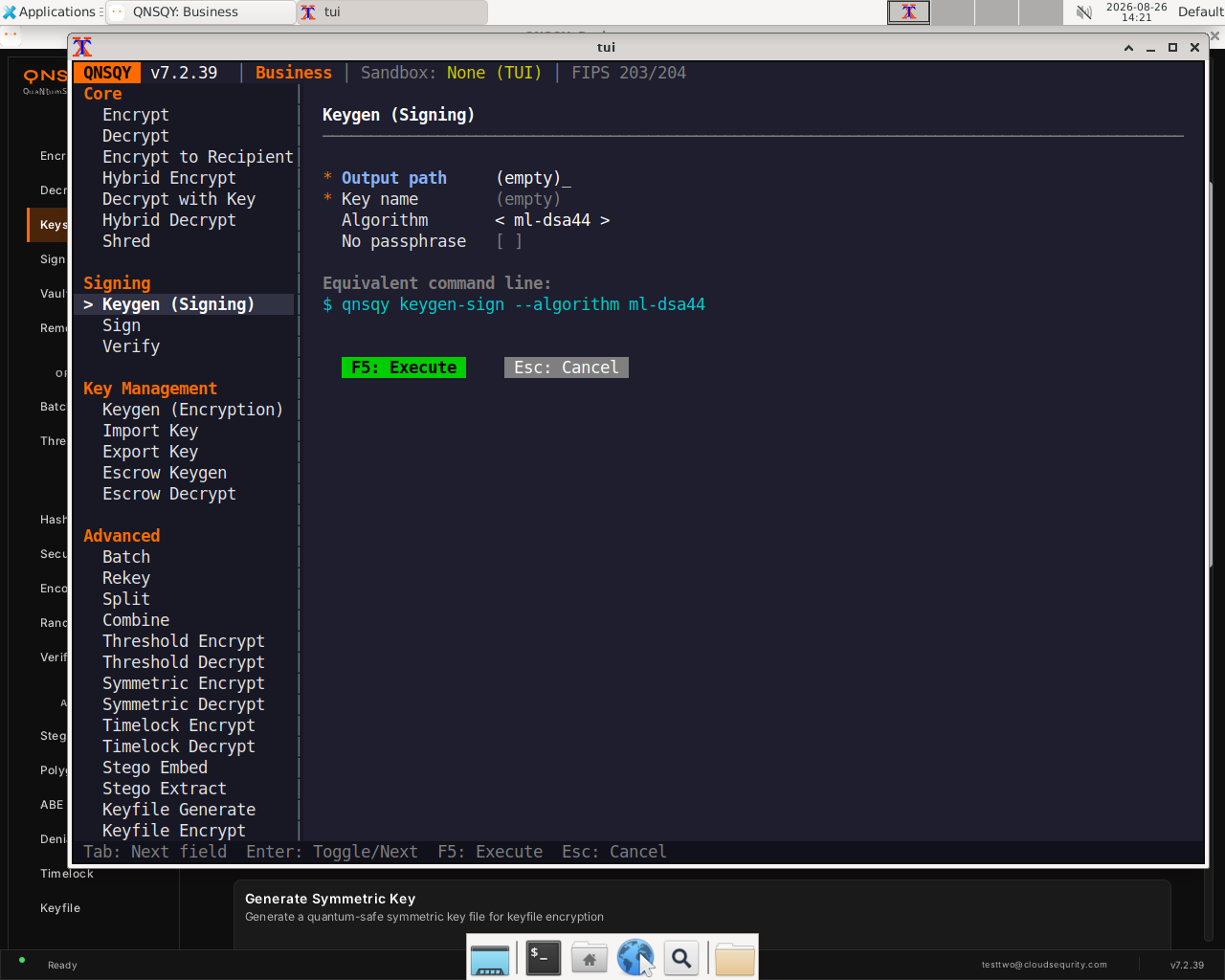 Signing algorithm selection in the Linux TUI