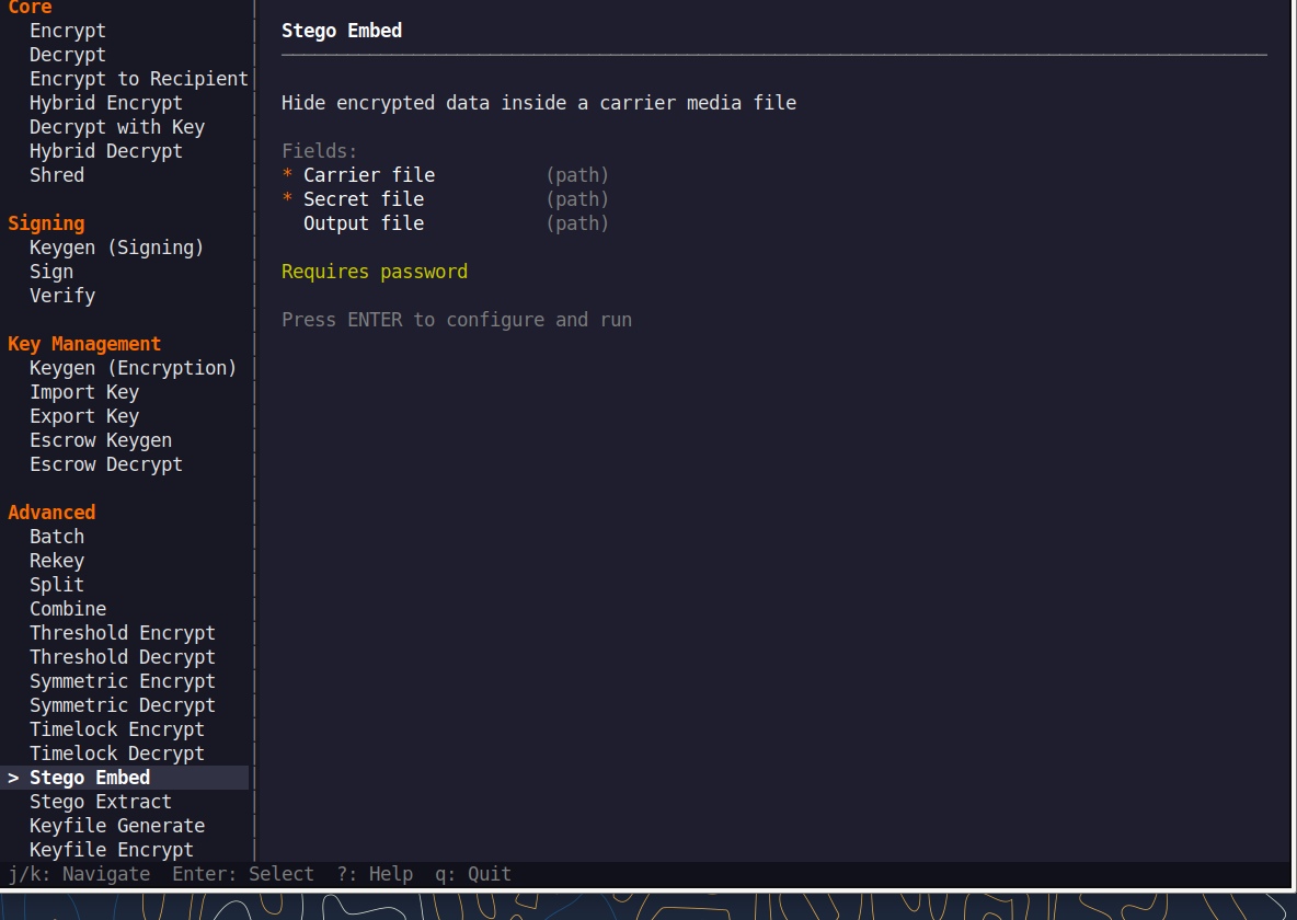QNSQY TUI menu with Stego Embed highlighted