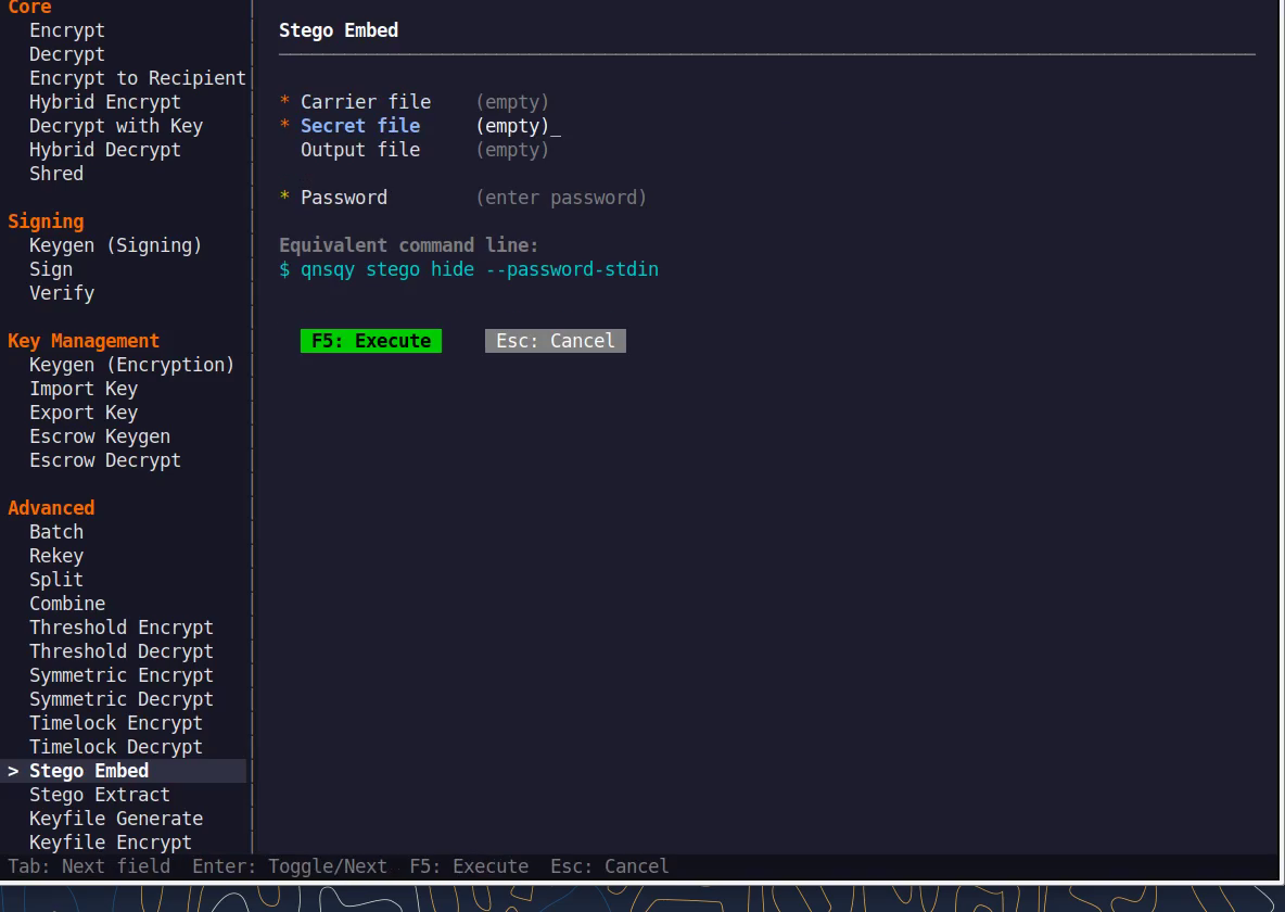 The Stego Embed TUI configure form with fields and a live equivalent command line