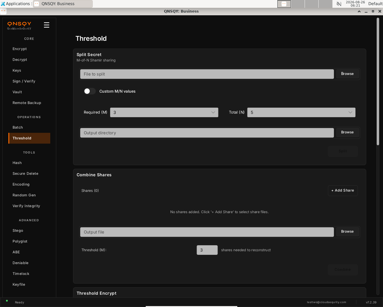 QNSQY Threshold screen showing a Split Secret panel labelled 'M-of-N Shamir sharing' with a file field, a Custom M/N values toggle, Required (M) set to 3 and Total (N) set to 5, plus a Combine Shares panel with an empty share list and a Threshold (M) field for reconstructing a secret.