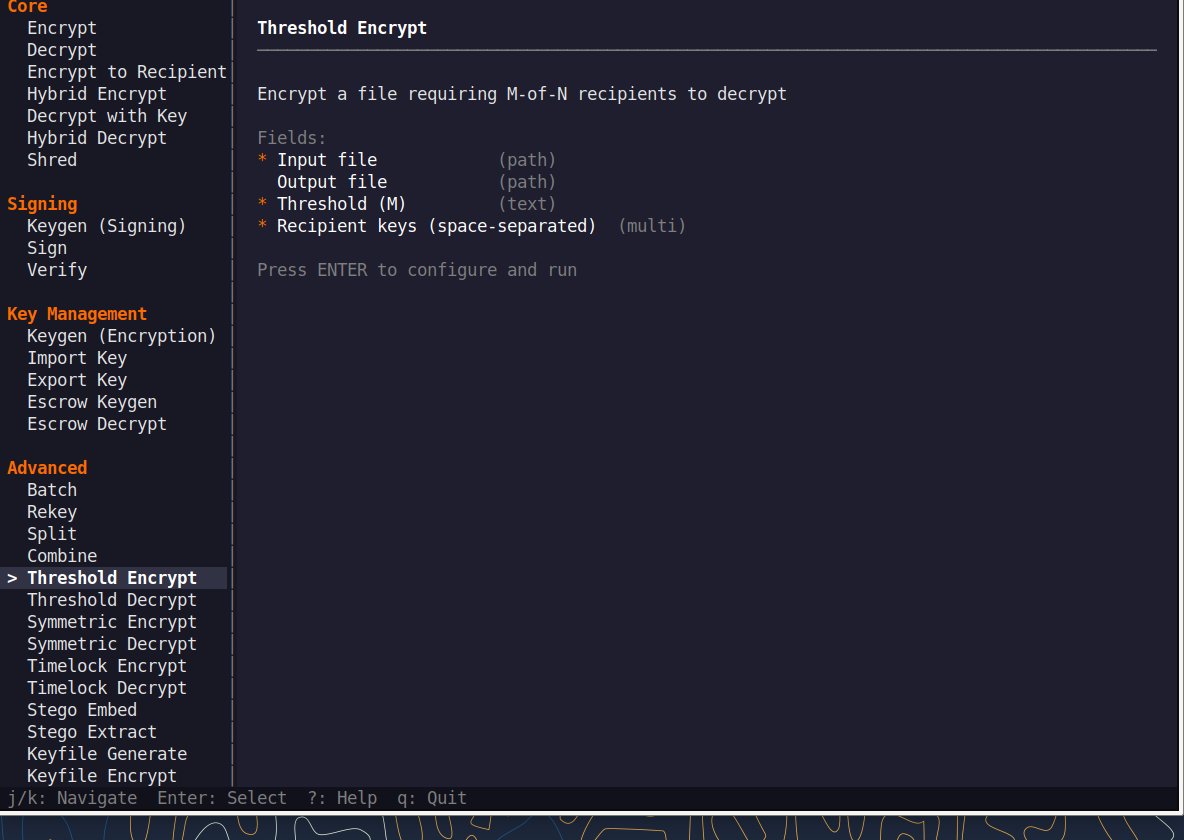 QNSQY TUI menu with Threshold Encrypt highlighted