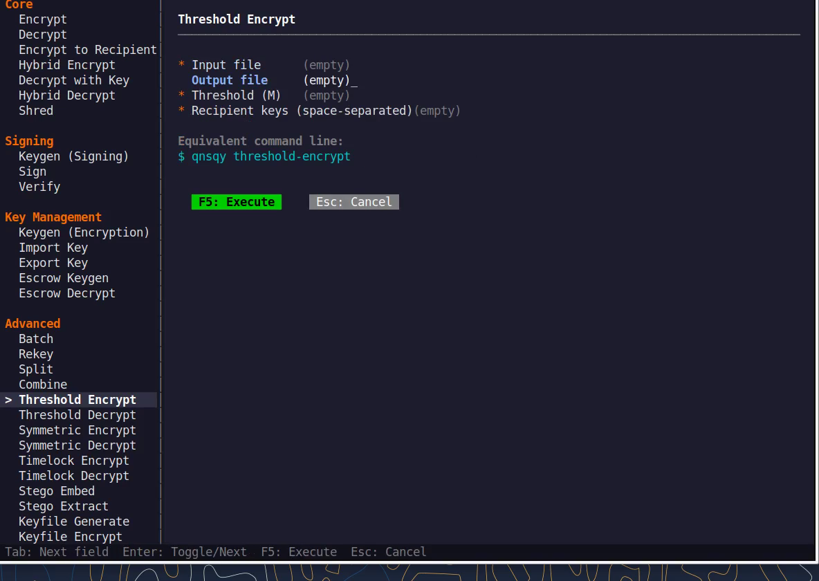 The Threshold Encrypt TUI configure form with fields and a live equivalent command line