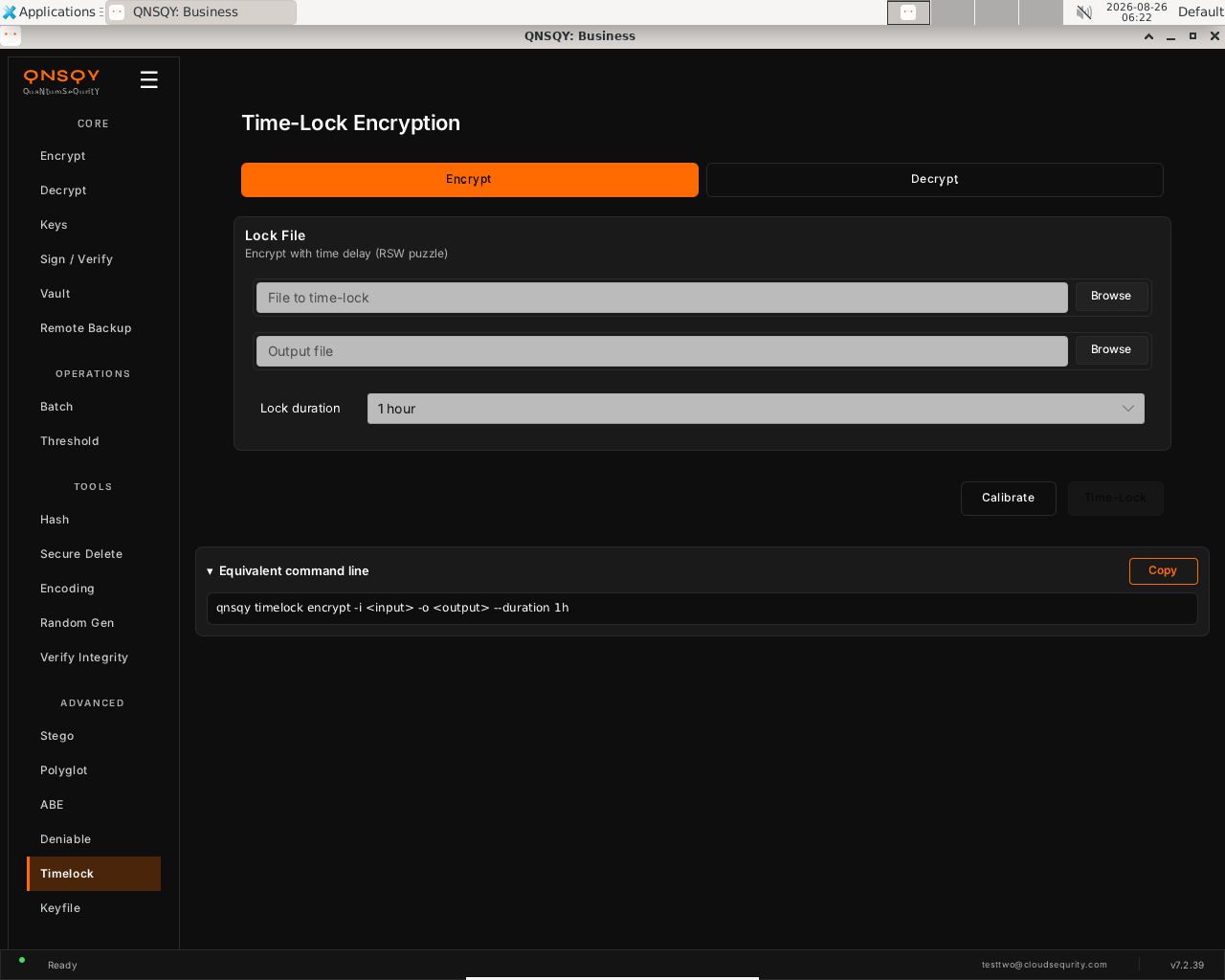 QNSQY Time-Lock Encryption screen on the Encrypt tab: a File to time-lock field, an Output file field, a Lock duration selector set to 1 hour, and Calibrate and Time-Lock buttons.