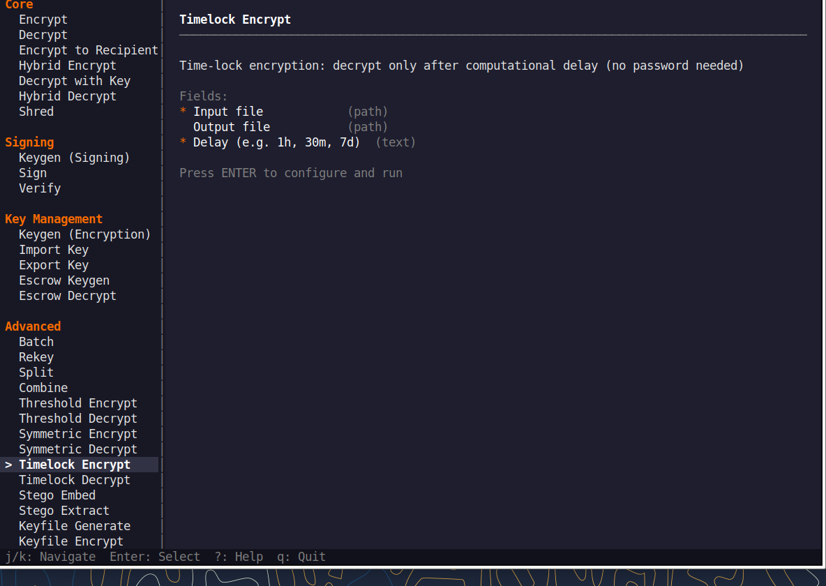 QNSQY TUI menu with Timelock Encrypt highlighted