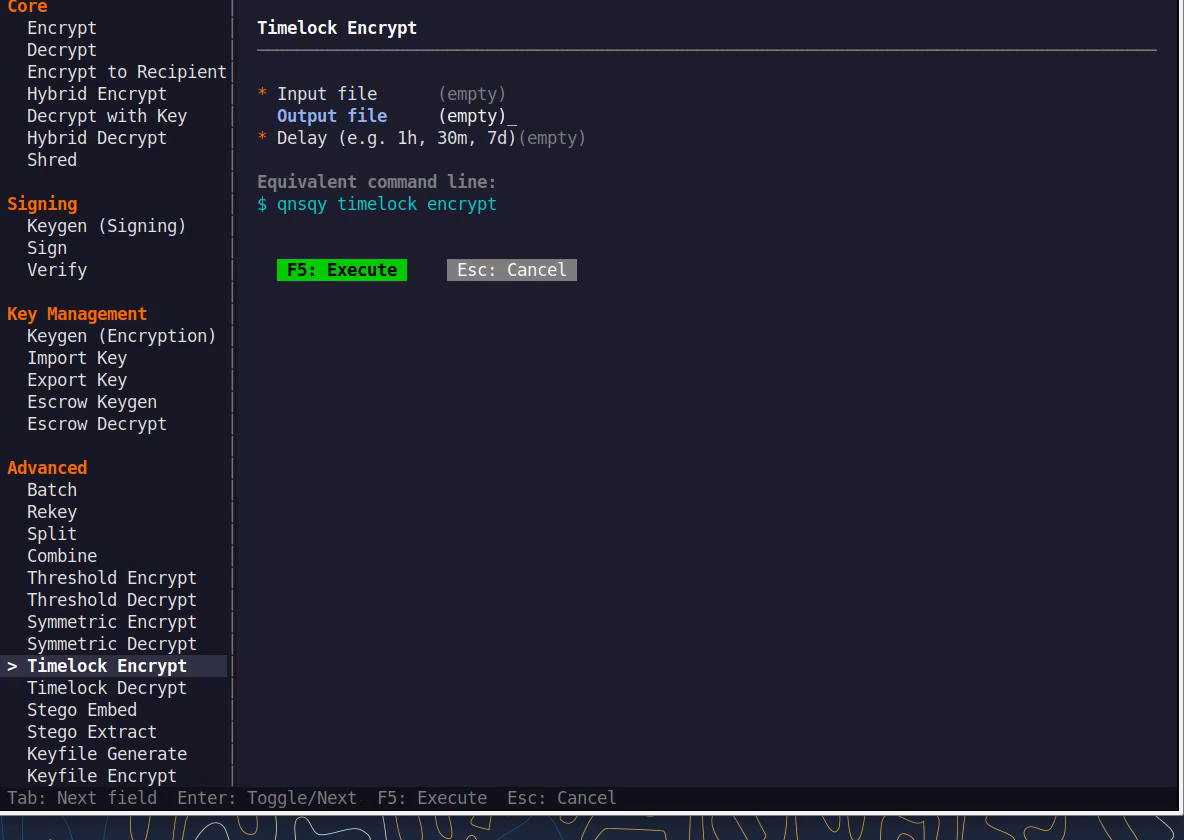 The Timelock Encrypt TUI configure form with fields and a live equivalent command line