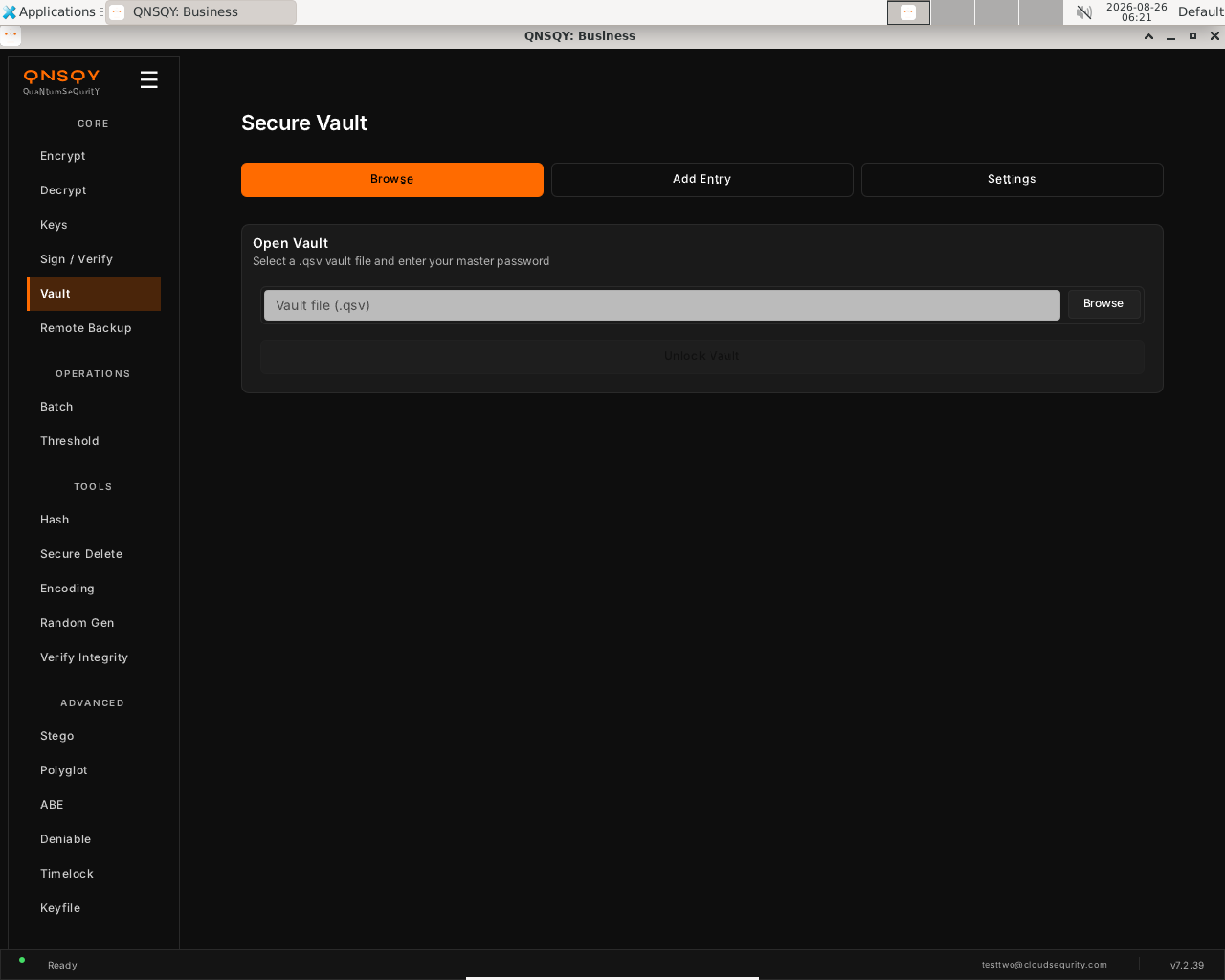 QNSQY Secure Vault screen with Browse / Add Entry / Settings tabs; the Browse tab shows an Open Vault panel with a .qsv vault-file picker and an Unlock Vault button.