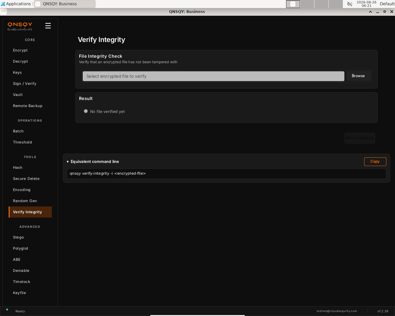 QNSQY Verify Integrity screen: a File Integrity Check panel with a 'Select encrypted file to verify' field and a Browse button, a Result panel reading 'No file verified yet', and an Equivalent command line box showing the qnsqy verify-integrity command with a Copy button.